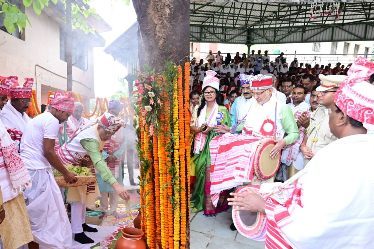 सरहुल के मौके पर पूजा करते व मांदर बजाते राज्यपाल सीपी राधाकृष्णन