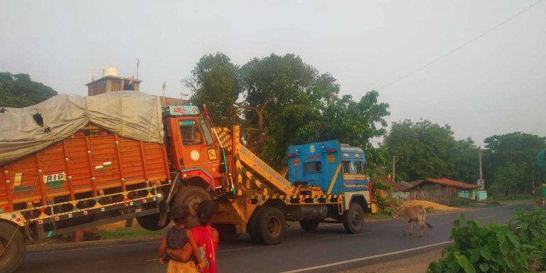 लीची से भरा ट्रक अनियंत्रित होकर सड़क पर पलटा