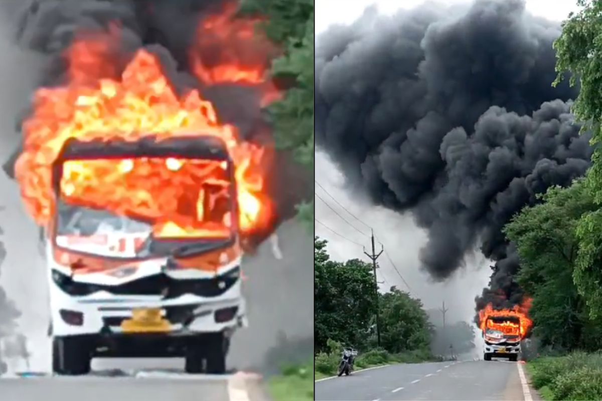 bus set on fire in palamu jharkhand