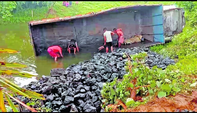 कोयला से लदा डंपर तालाब में गिरा मछलियों के मरने पर हुआ विरोध
