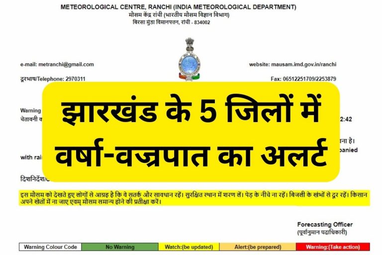 Jharkhand Weather: झारखंड के इन 5 जिलों में अगले 1 से 3 घंटे में गरज के साथ बारिश की चेतावनी