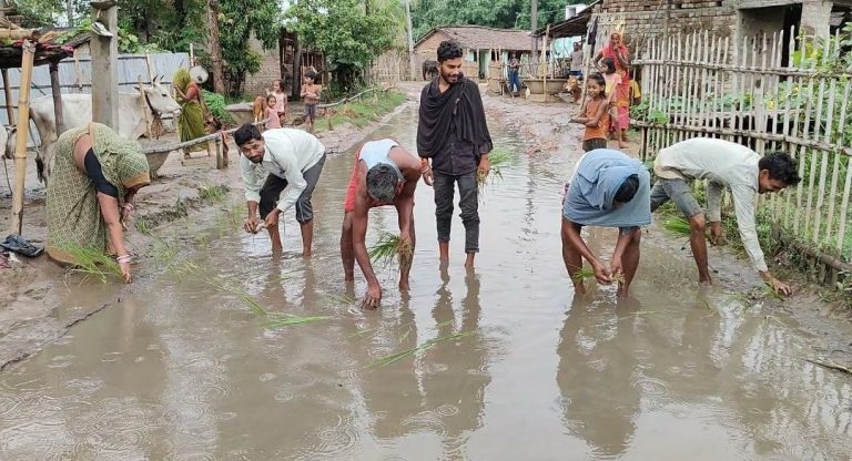 सड़क पर धनरोपनी कर जताया विरोध