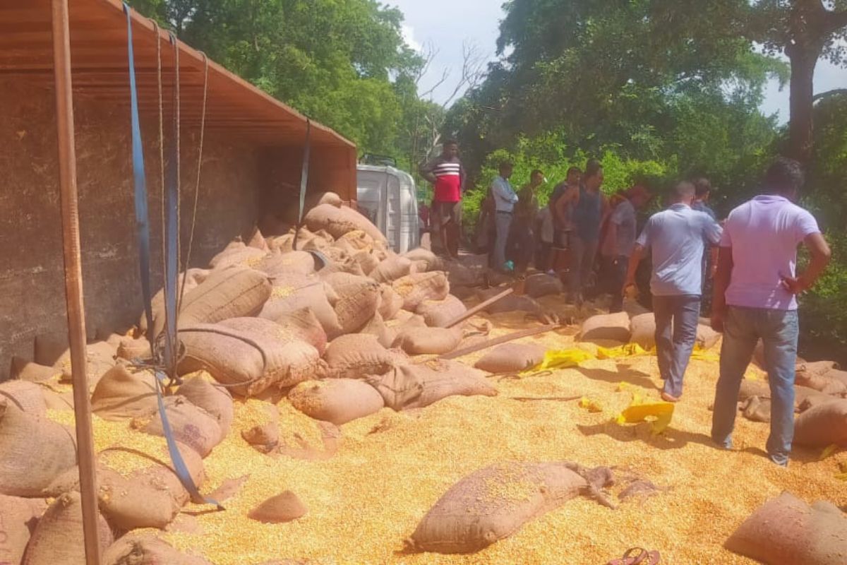 हादसे के बाद पलटा मकई लदा ट्रक