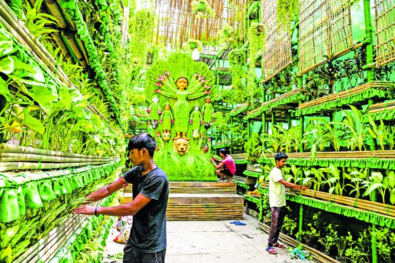 8000 पौधों से बन रही मां दुर्गा की प्रतिमा