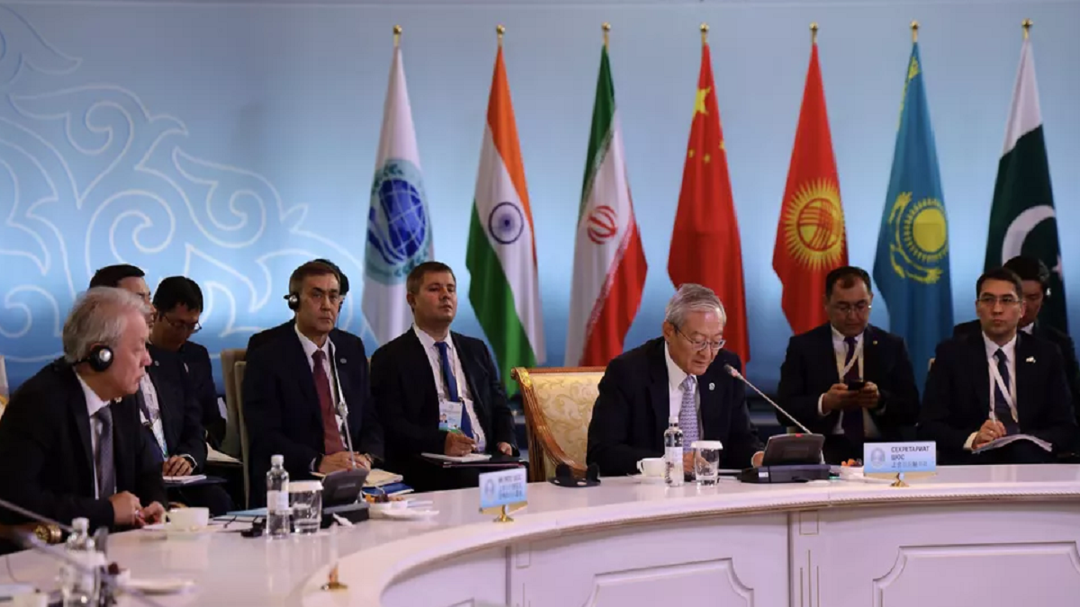 SCO Secretary-General Zhang Ming at a news conference