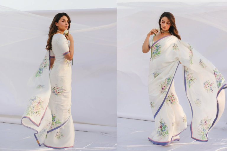 Alia Bhatt Floral Print White Saree look: आलिया भट्ट का फ्लोरल प्रिंटेड व्हाइट साड़ी लुक- एलीगेंस और सिंप्लिसिटी का परफेक्ट मेल