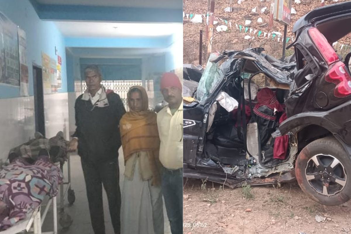 अस्पताल में शव के पास खड़े परिजन और दुर्घटनाग्रस्त स्कॉर्पियो
