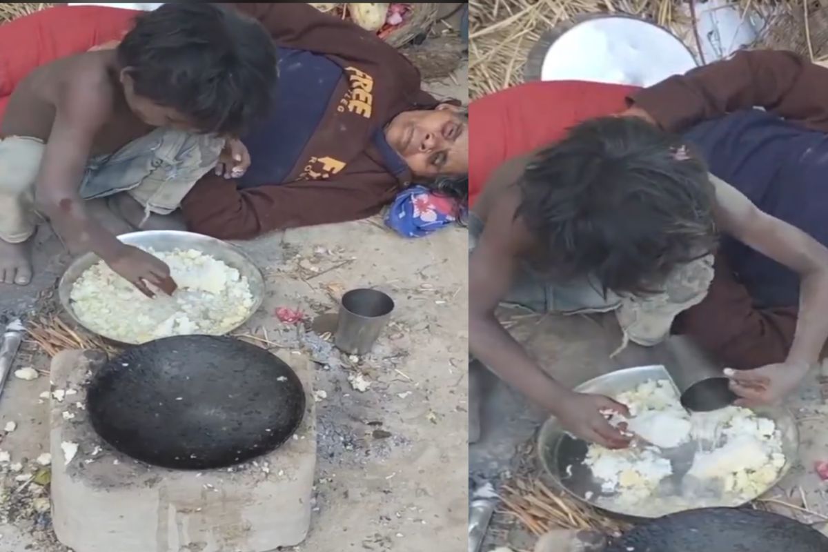 Viral Video of child feeding rice mixed with salt water to blind mother