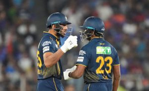 IPL 2025 GT vs MI: Sai Sudharsan, right, celebrates his half century with Shahrukh Khan