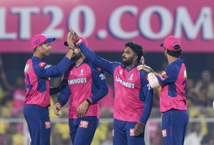 IPL 2025 CSK vs RR: Rajasthan Royals player Wanindu Hasaranga celebrates with teammates
