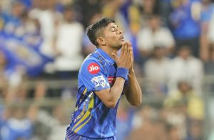 IPL 2025 MI vs KKR: MI bowler Ashwani Kumar celebrates the wicket of Rinku Singh