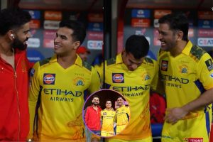 Virat Kohli, Vansh Bedi and MS Dhoni.