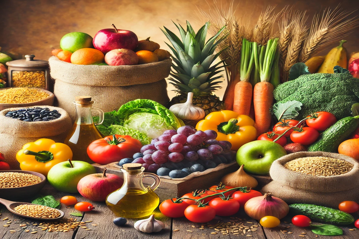 AI Image of fruits, vegetables, grains and mustard oil