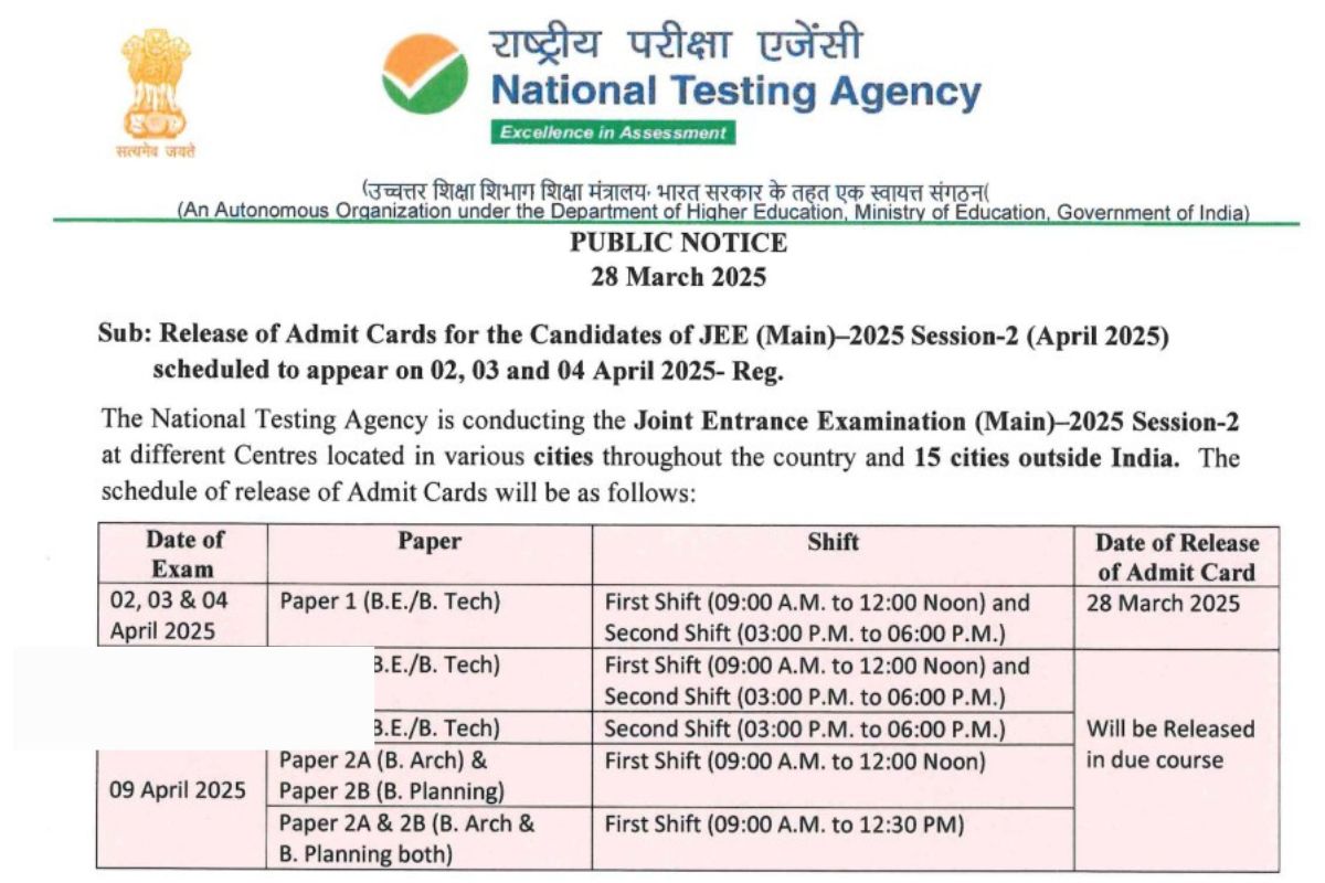 JEE Main 2025 Session 2 Admit Card Out
