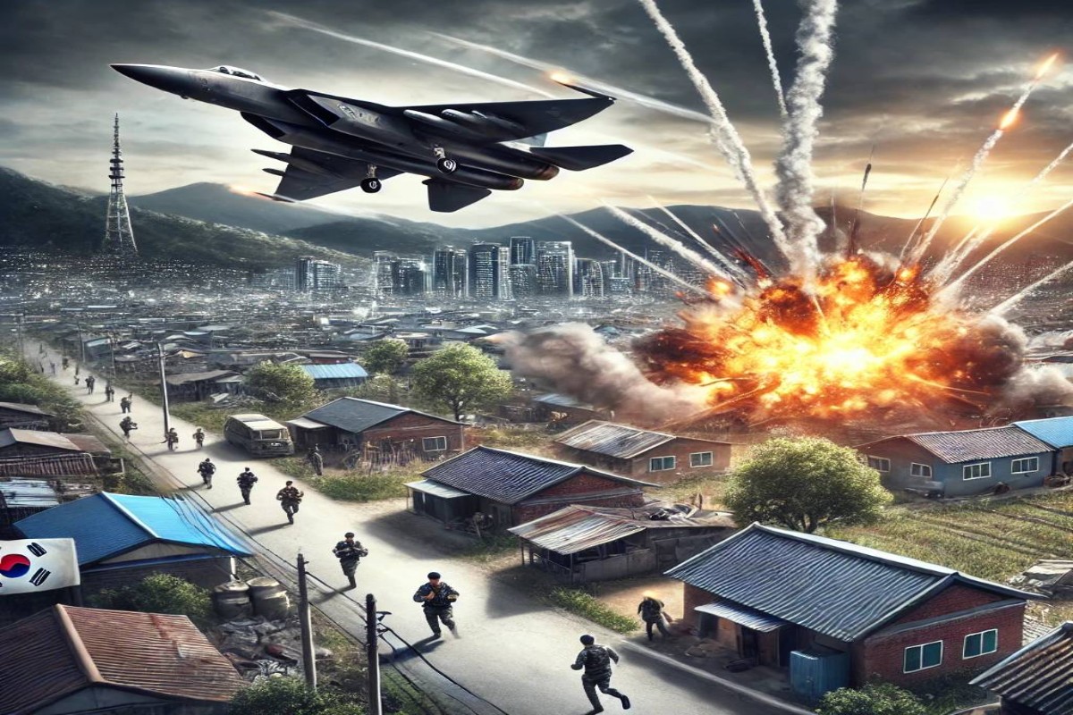 AI Image fighter jet bomb accidentally drops on a settlement in South Korea
