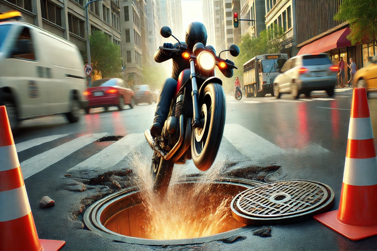 motorcycle rider falling into an open manhole