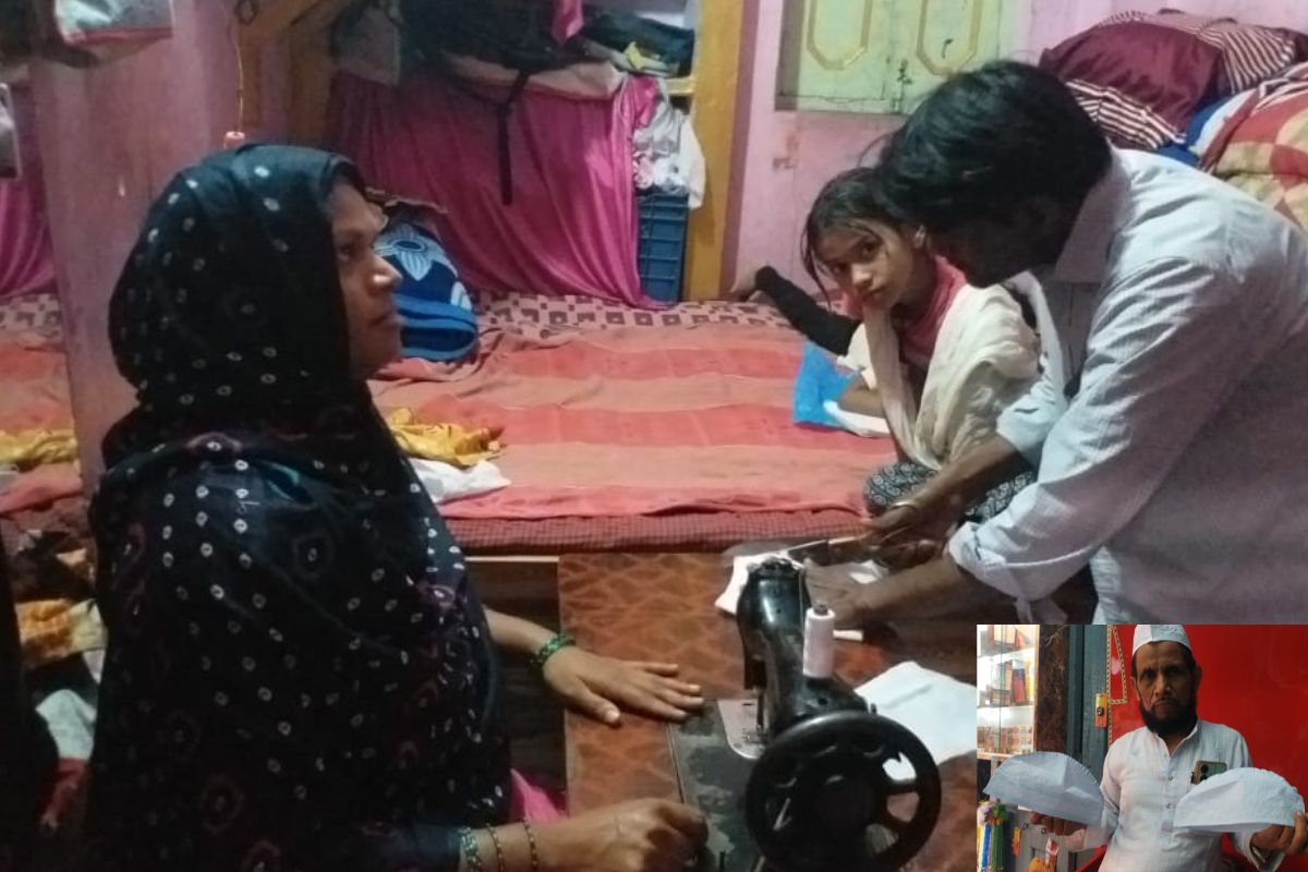 गया में पल्ले वाली टोपी बनाते हुए