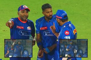 Rohit Sharma and Hardik Pandya with Mahela Jayawardene.