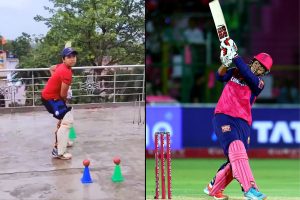 Vaibhav Suryavanshi Practicing at the age of 10 (Left) and During IPL RR vs GT match (Right)