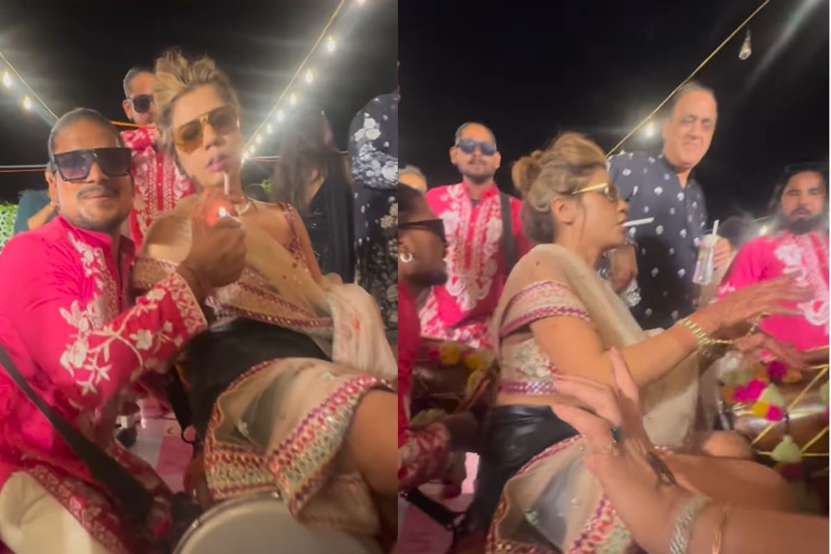 Mother smoked Cigarette in son wedding