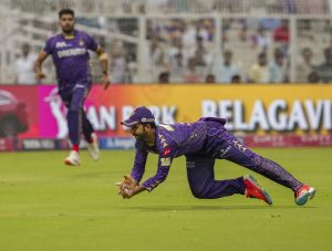 KKR vs RR: Kolkata Knight Riders captain Ajinkya Rahane takes the catch of Vaibhav Suryavanshi