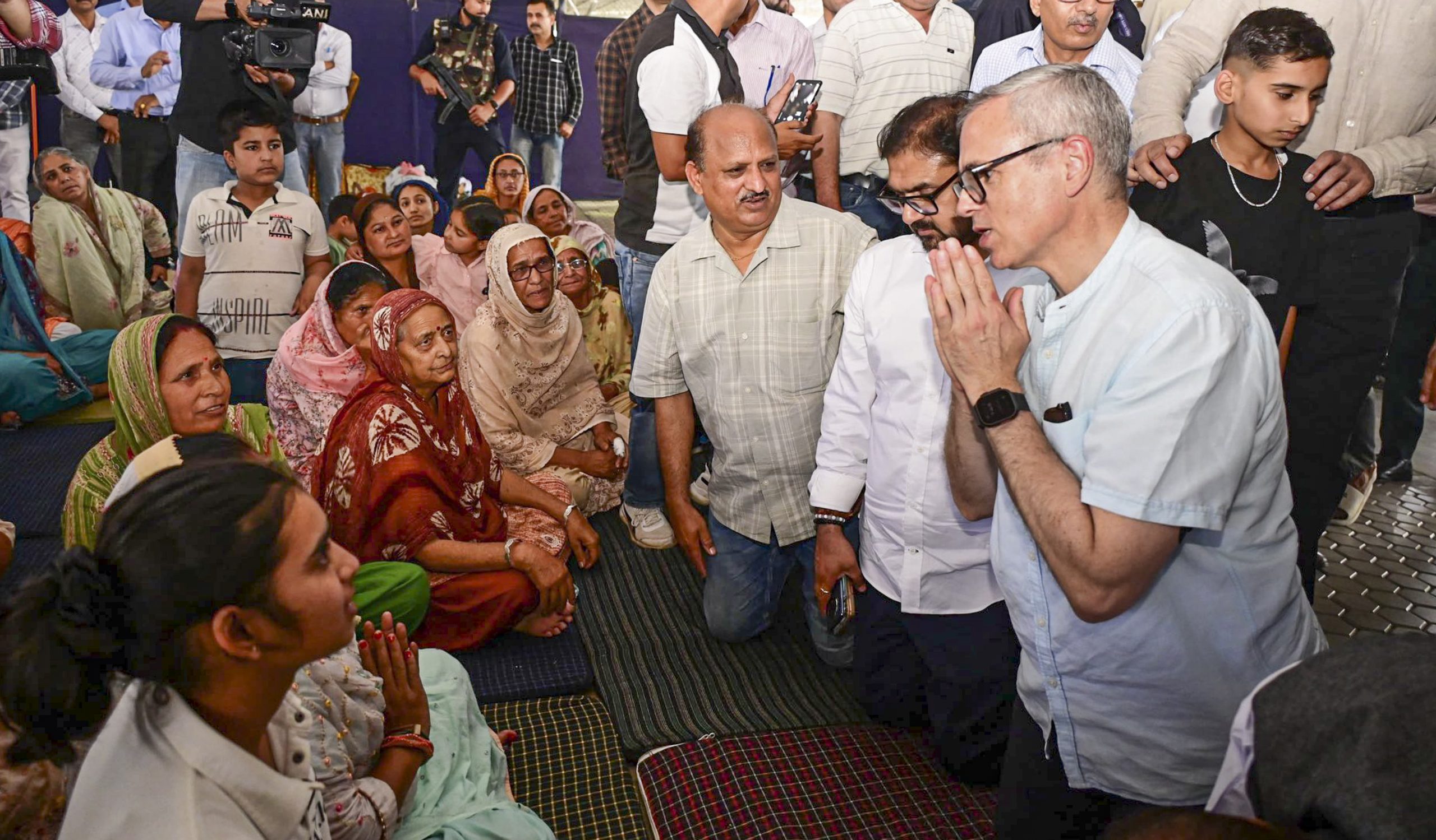 INDIA PAKISTAN TENSION: Jammu and Kashmir Chief Minister Omar Abdullah meets displaced border residents at a shelter camp