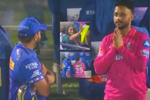 Akash Madhwal greets Rohit Sharma and Ritika Sajdeh.