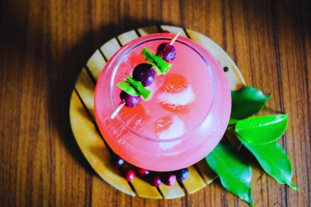 Falsa sharbat in glass with ice Ingredients of Falsa sharbat Refreshing summer drink - falsa juice