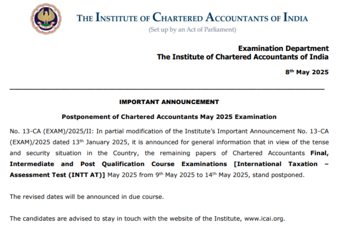 ICAI CA Exam 2025 Postponed