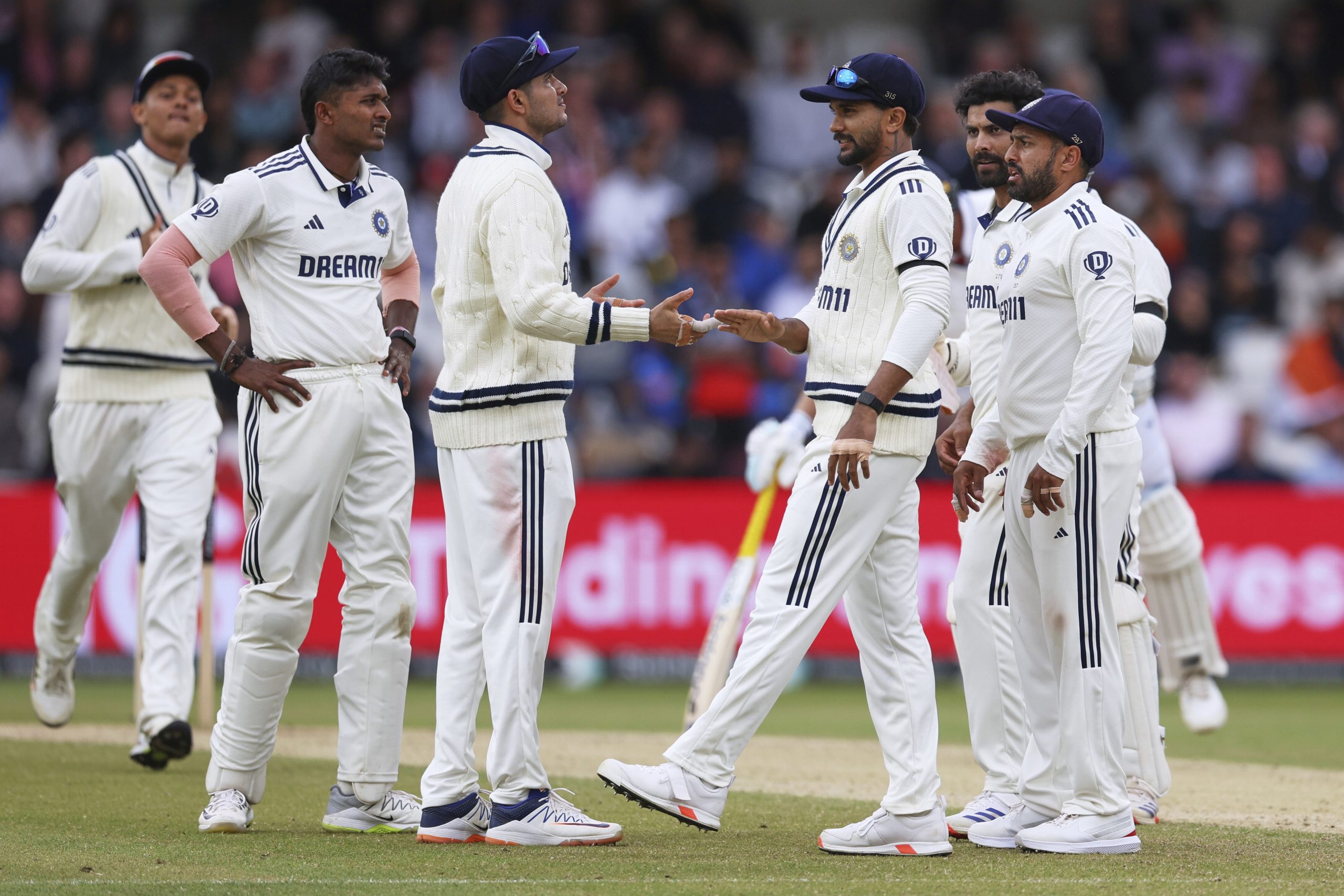Team India celebrates dismissal of Ben Stokes dismissal.