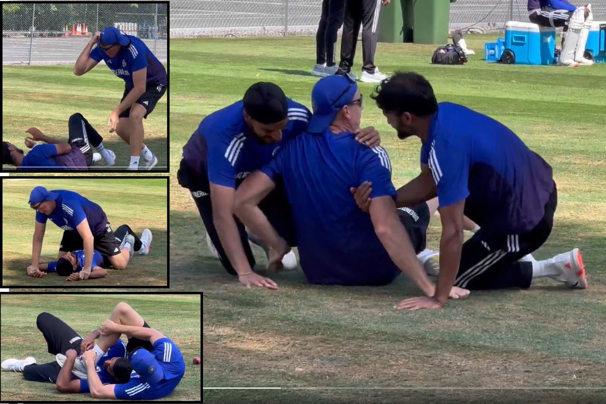 Morne Morkel, Arshdeep Singh and Akash Deep Friendly Wrestling during Nets Session.