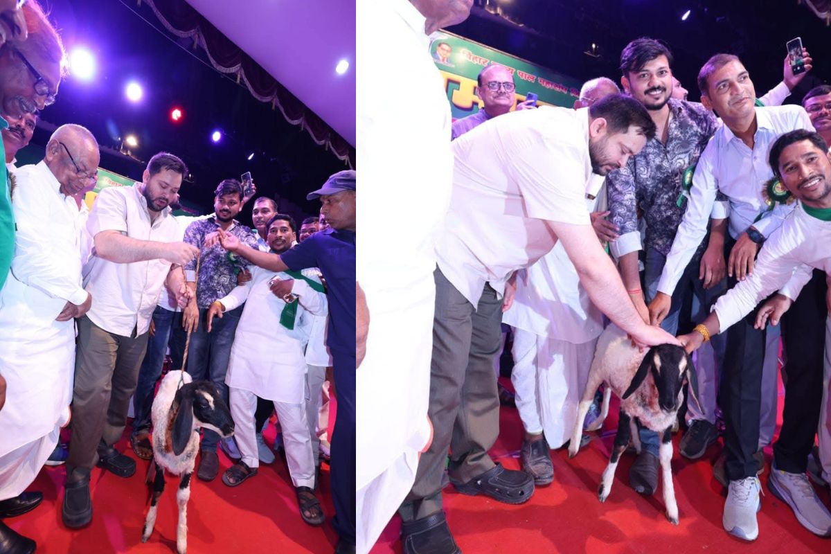 Bihar RJD Lalu's son Tejaswi suddenly started walking a sheep on the stage, people kept watching