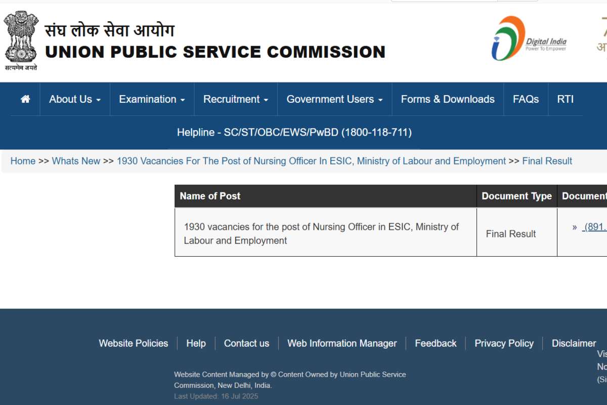 ESIC Nursing Officer Final Result 2025 OUT