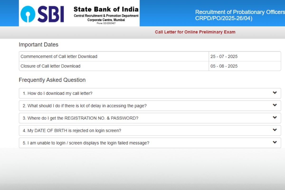 SBI PO Admit Card 2025 OUT