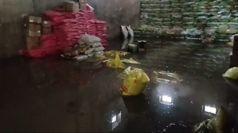 बिस्कोमान गोदाम में घुसा बारिश का पानी, रखा उर्वरक हुआ नष्ट