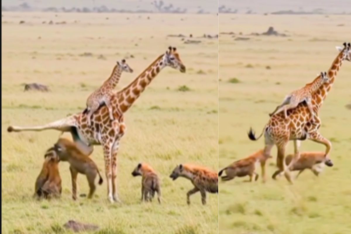 giraffe fight with hyenas