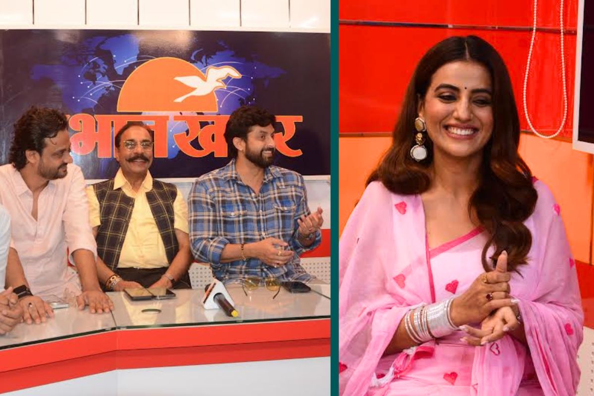 प्रभात खबर कार्यालय में बातचीत के दौरान अभिनेत्री अक्षरा सिंह, अभिनेता विक्रांत सिंह, निर्माता सीबी सिंह, निर्देशक निशांत सी शेखर, अभिनेता मनमोहन तिवारी व संगीता सिंह.
