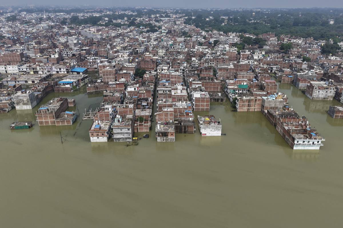 An aerial view of Chota Baghada area amid floods in Prayagraj UP