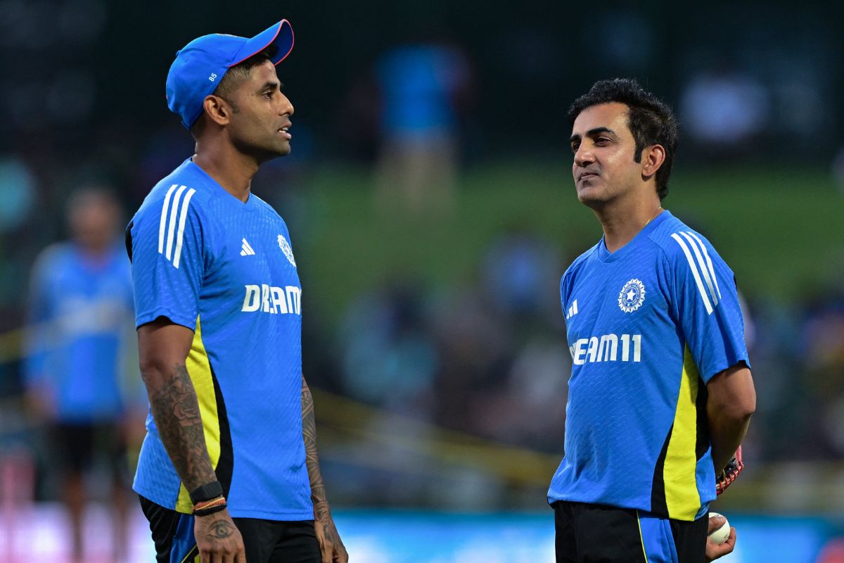 Gautam Gambhir and Suryakumar Yadav in talks during practice session.
