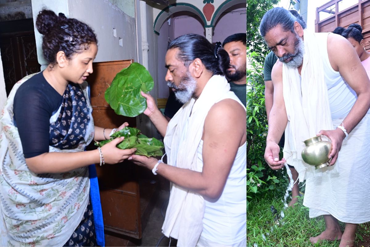 Hemant Soren serving food to Shibu Soren