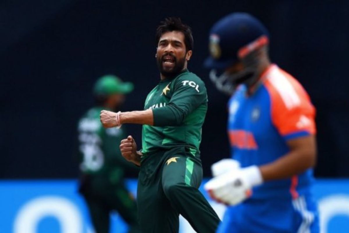 Mohammad Amir celebrating wicket of Indian batsman.