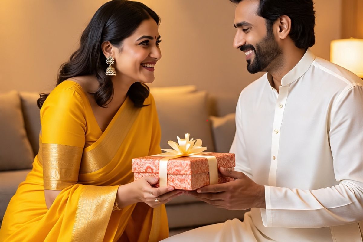 Indian Husband Giving Gift To Wife