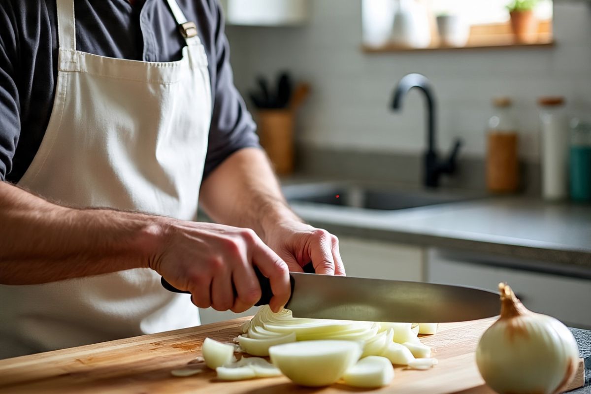 A Man Cutting Onion