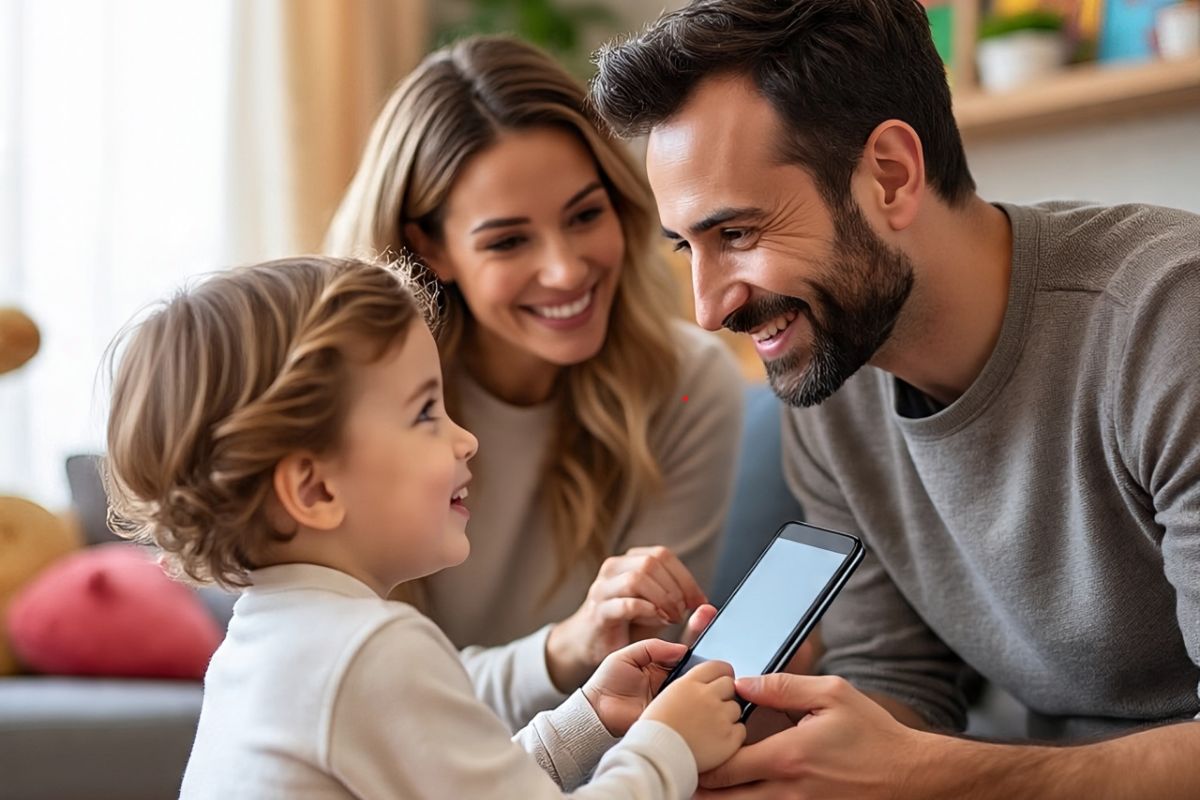 parents giving smartphone to child