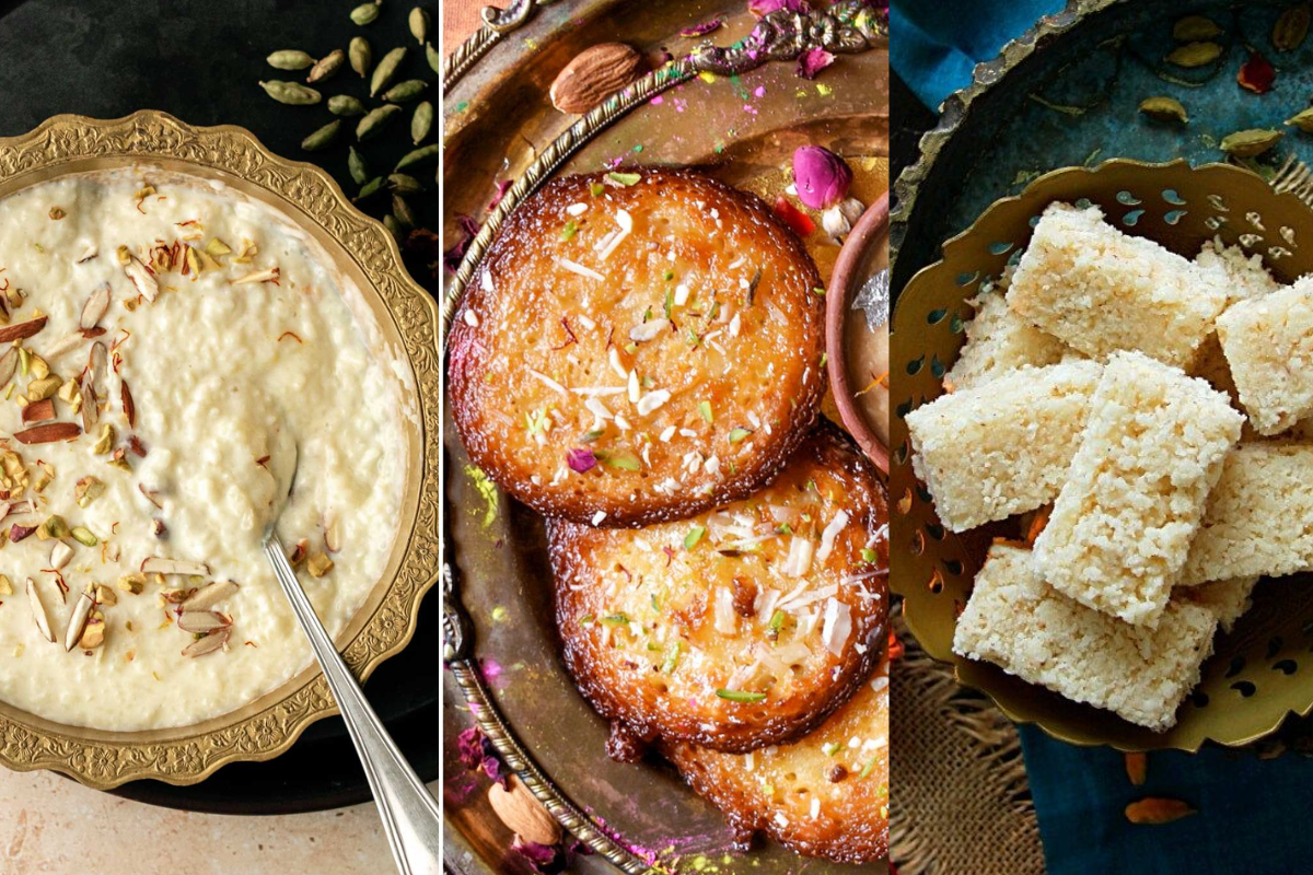 raditional Santan Saptami bhog prasad including jaggery rice kheer, sweet puri/pua, and barfi served in festive style for Hindu ritual offering.