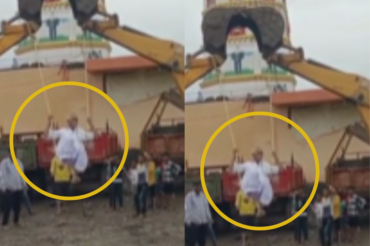 Viral Video old man tie rope to jcb vehicle and starts swing