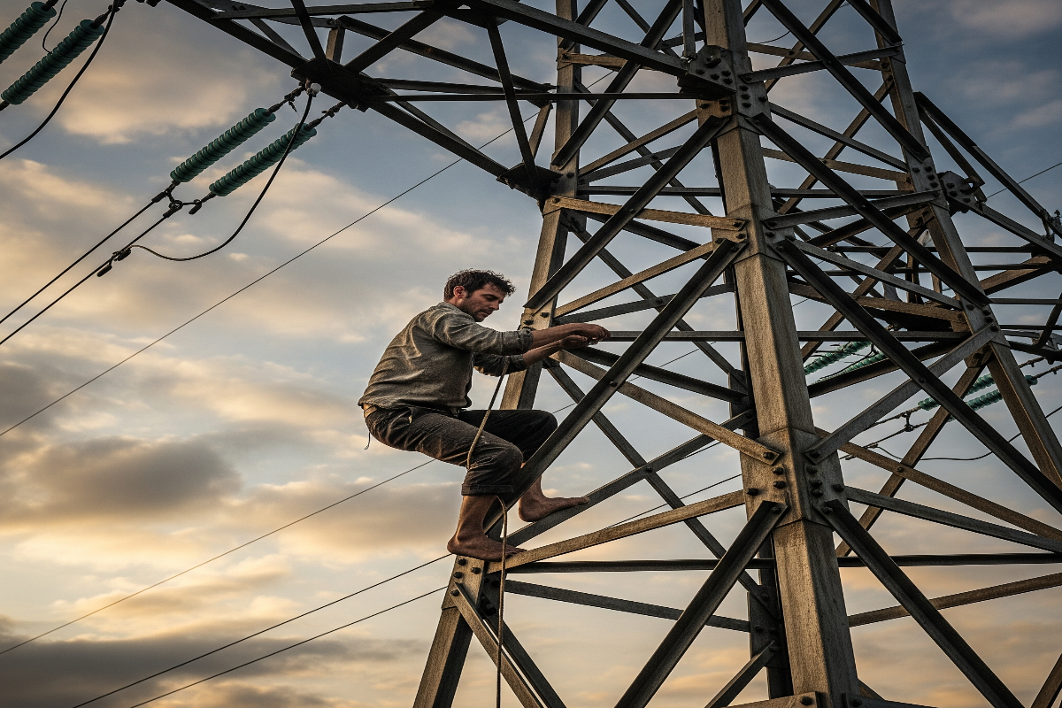 Viral Video of man climbing on electric high tention power tower without safty gears
