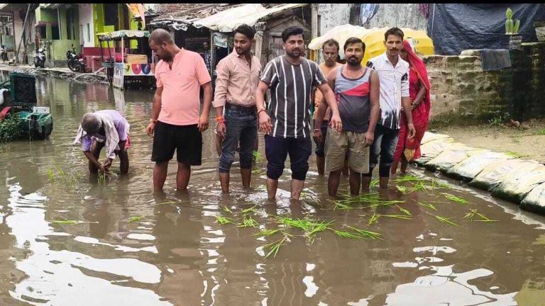 जलजमाव से त्रस्त वार्ड 39 के निवासियों ने सड़क पर धान लगा किया विरोध प्रदर्शन