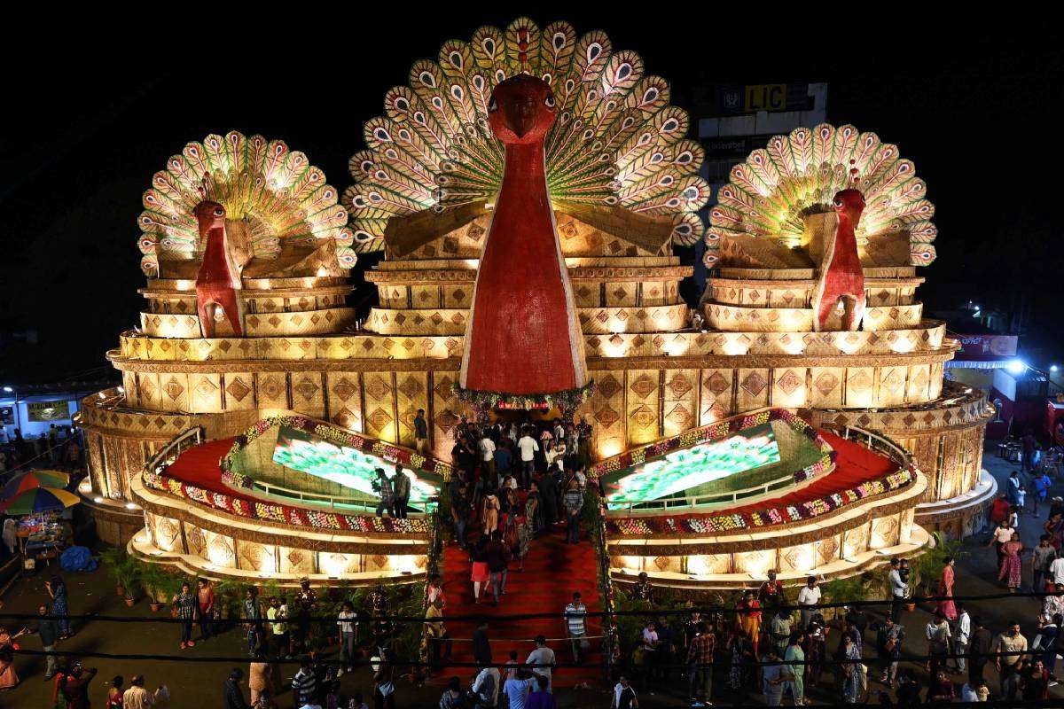 An illuminated view of Bomikhal Durga Puja pandal Bhubaneswar