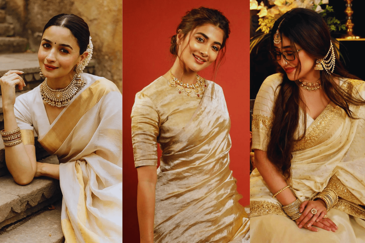 Alia Bhatt South Indian Look in traditional kasavu saree with temple jewelry, Pooja Hege Inspired South Indian Look in elegant Kanjivaram saree, and Shivangi Joshi Inspired South Indian Look in Kerala kasavu saree with gajra and tikka – perfect Onam 2025 celebrity style inspiration.